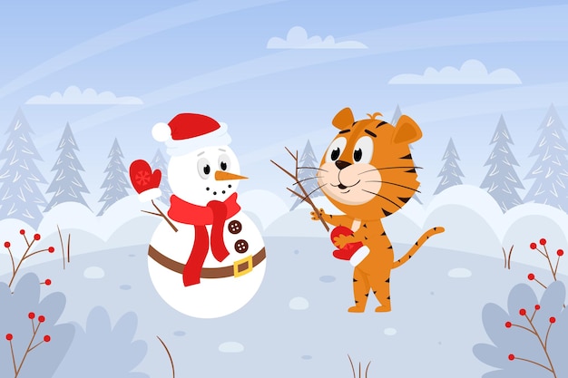 Cute cartoon tiger with a snowman. Winter landscape with a forest. Animal character.