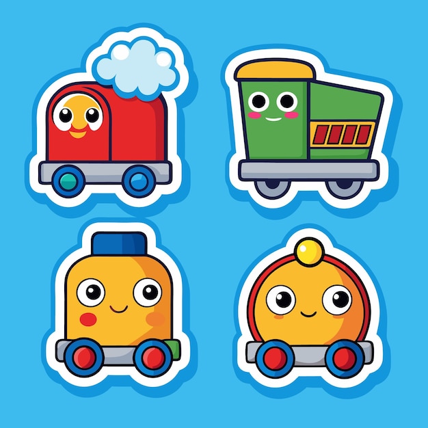 Cute cartoon train characters with smiling faces isolated on blue background