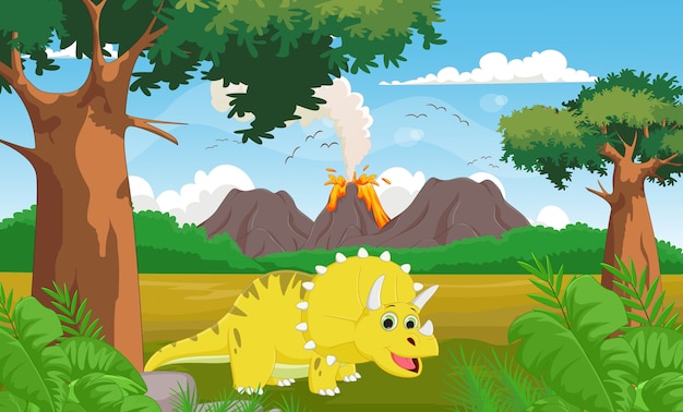 cute cartoon Triceratops with volcano background