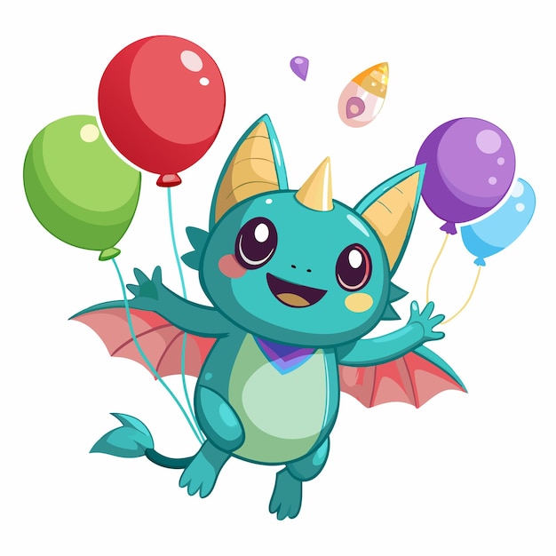 Cute cartoon turquoise dragon with horn and wings holding balloons