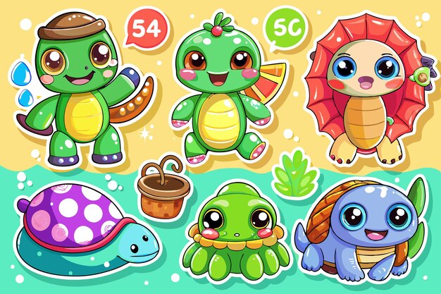 Vector cute cartoon turtle stickers