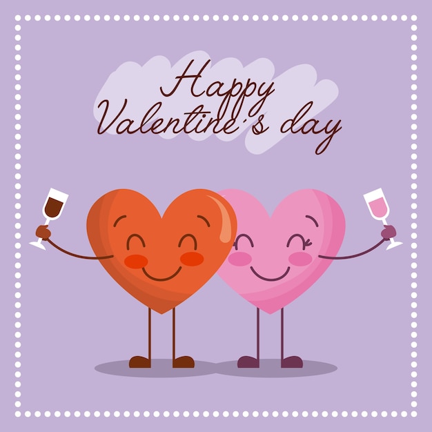 Cute cartoon two hearts with wine glass happy valentines day 