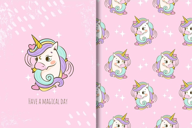 Cute cartoon unicorn clipart card and seamless pattern