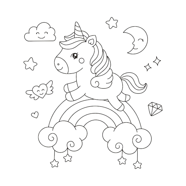 Cute cartoon unicorn flying on the rainbow illustration for coloring book