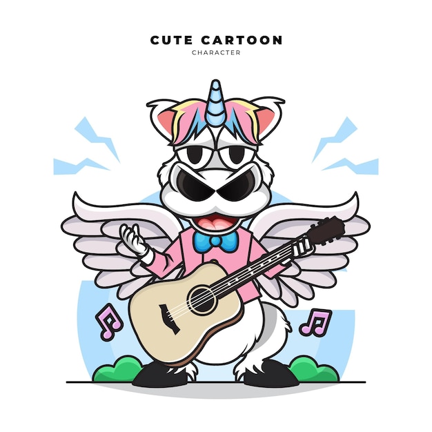 Cute cartoon of unicorn is playing guitar