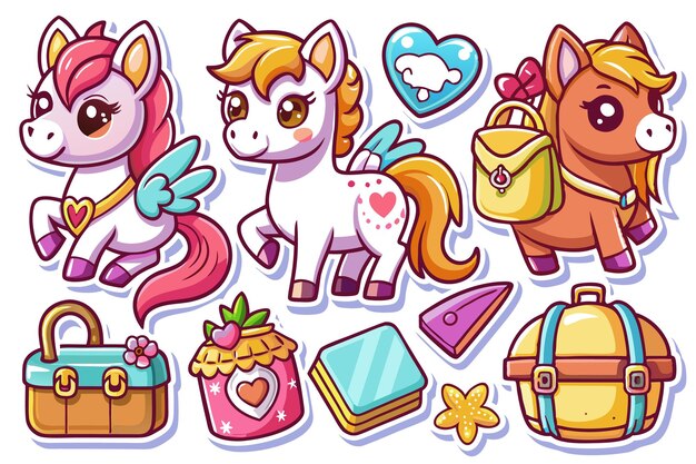 Vector cute cartoon unicorn and pony stickers with wings and hearts