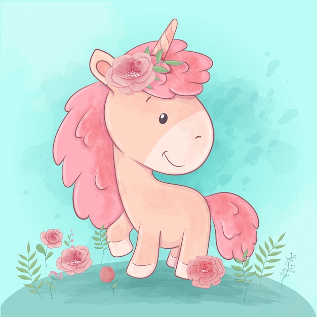 A cute cartoon unicorn stands in a clearing with flowers.