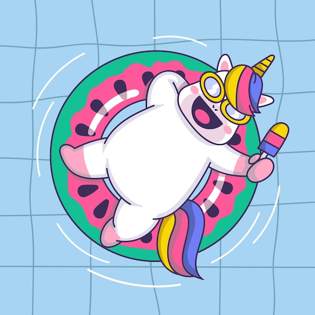 Cute cartoon unicorn on a swimming ring Vector illustration for your design