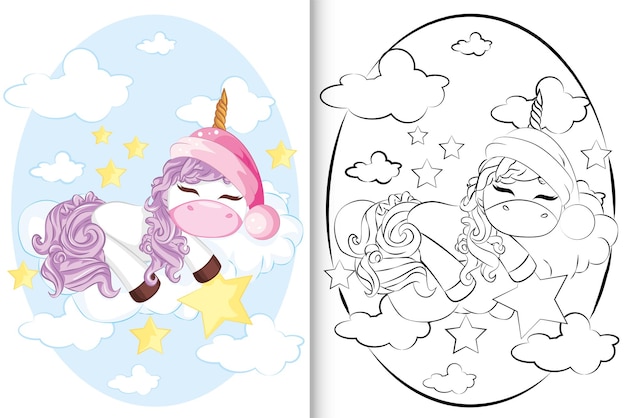 Cute Cartoon Unicorns are sleeping on the cloud. Coloring book for kids.