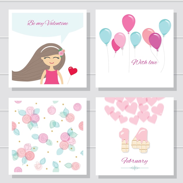 Cute cartoon Valentines day or birthday cards and templates set