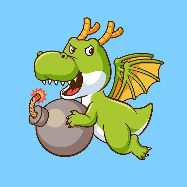 Cute cartoon vector dragon holding a bomb