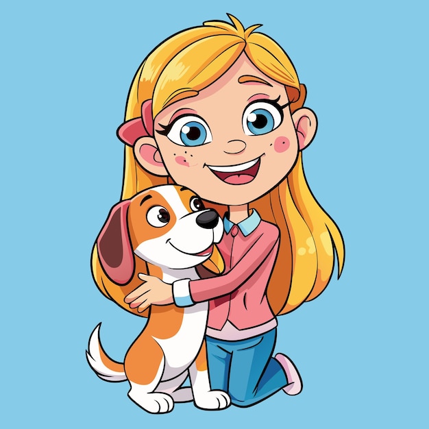 Cute Cartoon Vector Icon Illustration of a Girl Hugging a Dog