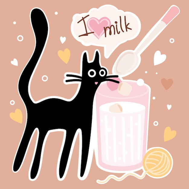 Cute cartoon vector illustration of a black cat with a spoon and a glass of milk