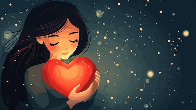 Vector cute cartoon vector illustration of a happy girl holding a heart