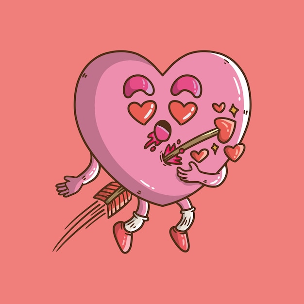 Vector cute cartoon vector illustration of pink heart character hit by cupids arrow