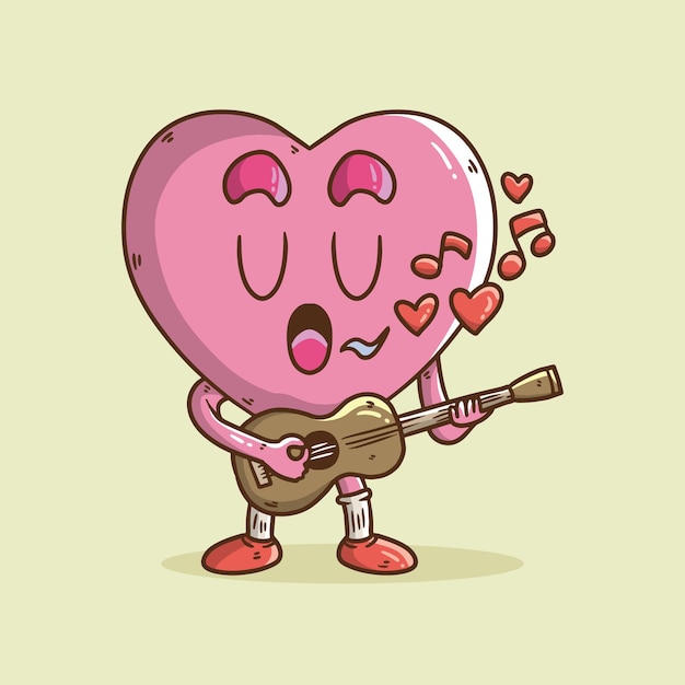 Cute Cartoon Vector illustration of Pink Heart character sing and playing guitar