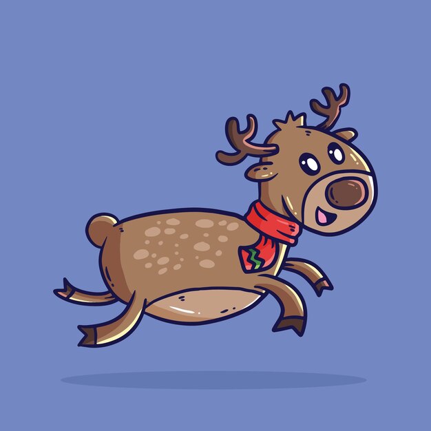 Cute cartoon vector illustration of winter reindeer jumping wearing winter scarf