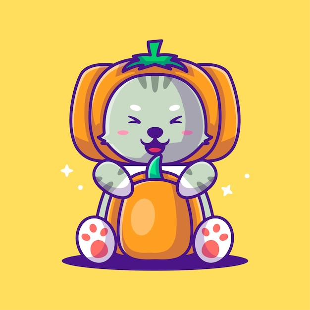 Cute Cartoon Vector Illustrations Cat with Pumpkin Costume. World Vegetarian Day Concept