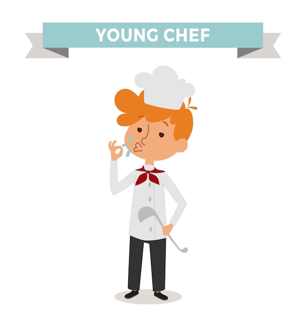 Cute cartoon vector profession chef kid with cook spoon