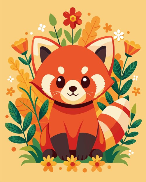 Vector cute cartoon vector style red panda surrounded by yellow and white flowers in a pastel colour