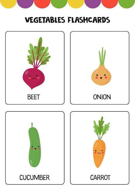 Cute cartoon vegetables with names Flashcards for children