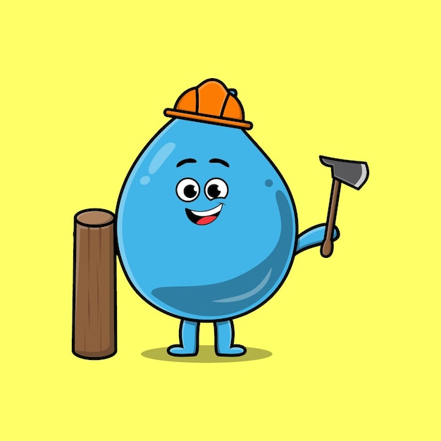 Cute cartoon water drop as carpenter character with saw and wood in flat modern style design