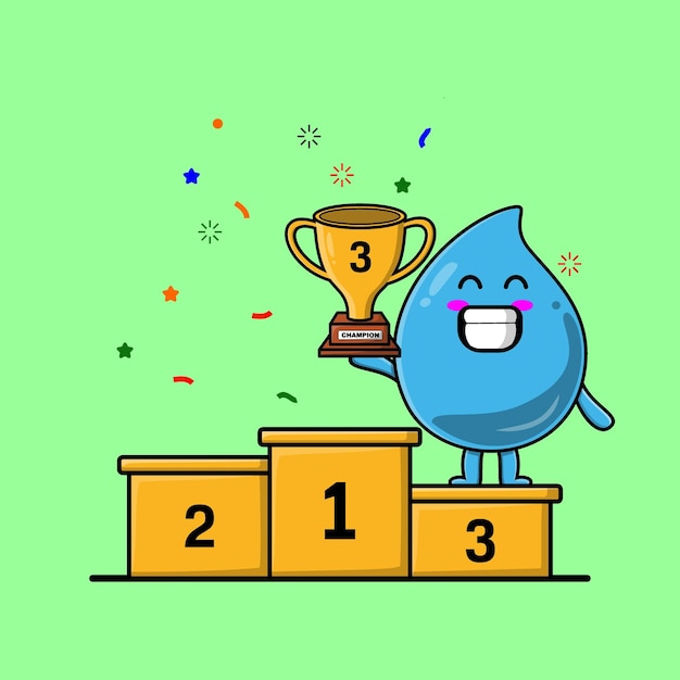 Cute cartoon water drop as the third winner with happy expression in flat modern style design