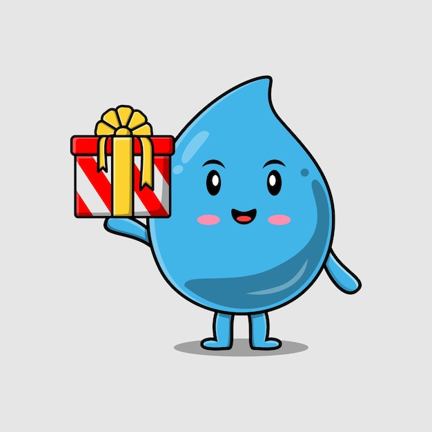 Cute cartoon water drop character holding gift box in vector icon illustration