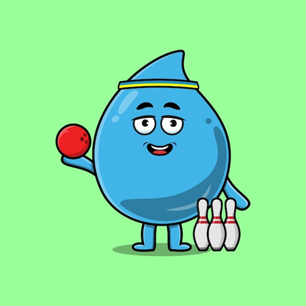 Cute cartoon water drop character playing bowling in flat modern style design