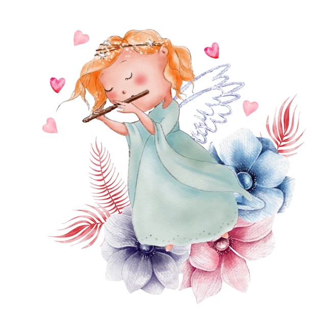 Cute cartoon watercolor angel for valentines day