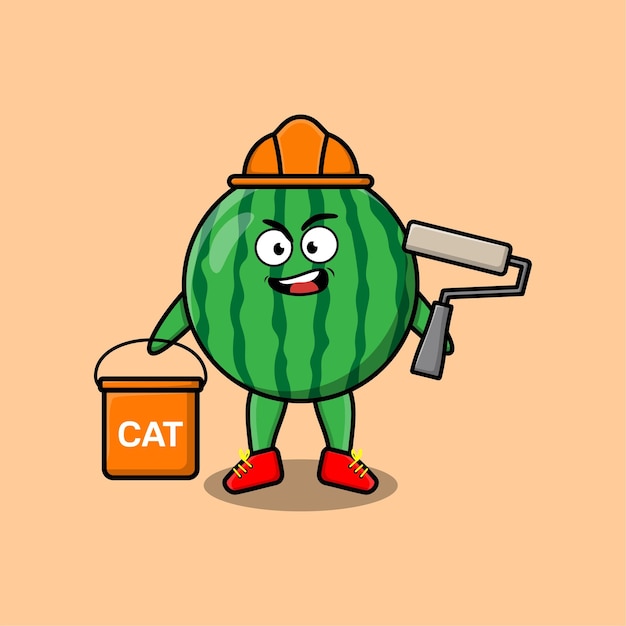 Cute cartoon watermelon as a builder character painting in 3d modern style design