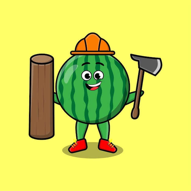 Cute cartoon watermelon as carpenter character with ax and wood in 3d modern style design