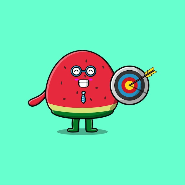 Cute cartoon watermelon businessman holding target and arrow with happy expression