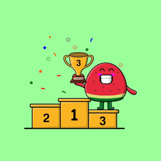 Cute cartoon watermelon character as the third winner with happy expression in modern illustration