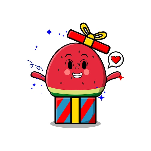 Cute cartoon watermelon character coming out from big gift box look so happy flat cartoon style