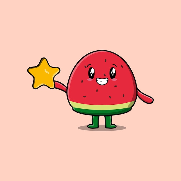 Cute cartoon watermelon character holding big golden star in cute modern style design illustration