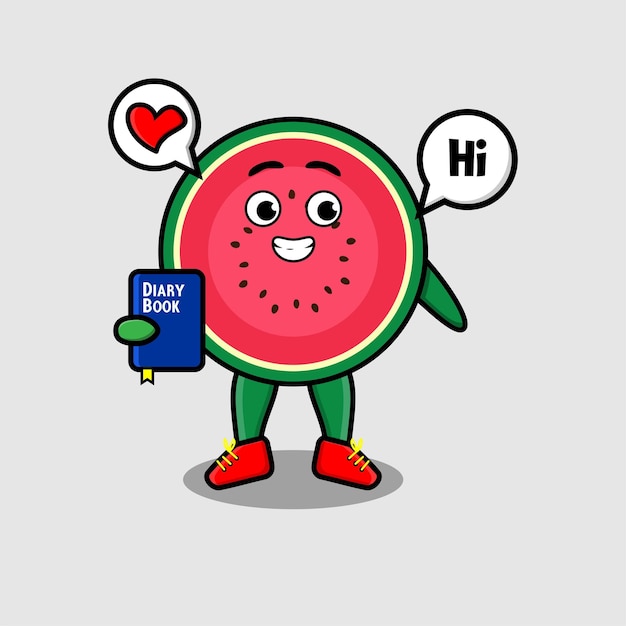 Cute cartoon watermelon character holding diary book with happy expression in concept