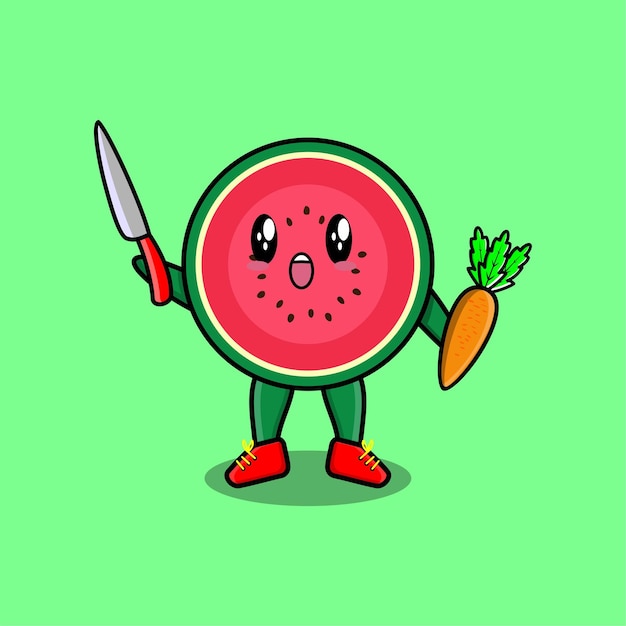 Cute cartoon watermelon character holding knife and carrot in modern style