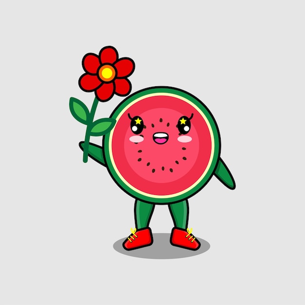 Cute cartoon watermelon character holding red flower in concept 3d cartoon style