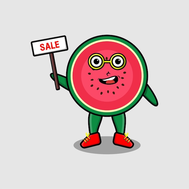 Cute cartoon watermelon character holding sale sign designs in concept 3d cartoon style