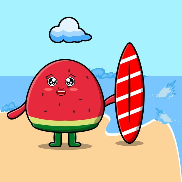 Vector cute cartoon watermelon character playing surfing with surfing board