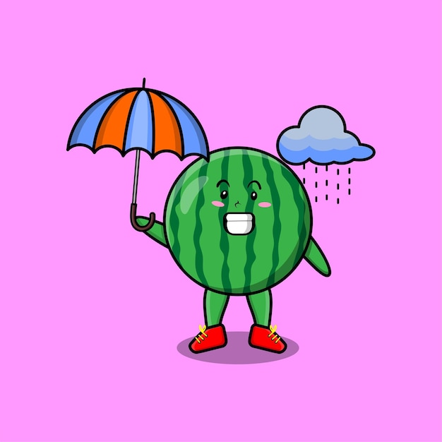 Cute cartoon watermelon character in the rain and using an umbrella in 3d modern style design