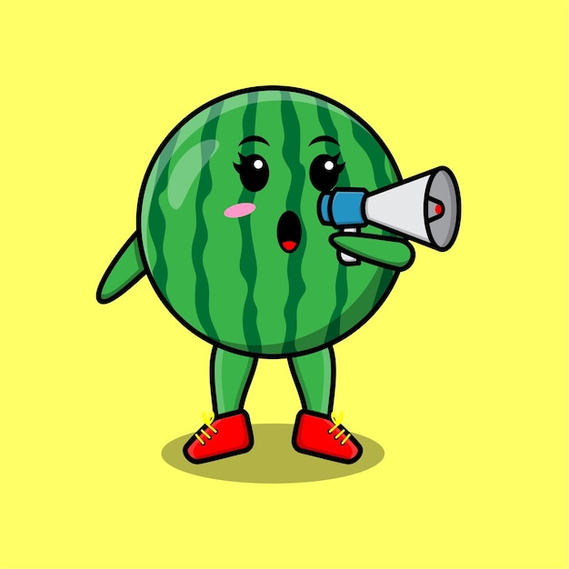 Cute Cartoon watermelon character speak with megaphone in 3d cartoon style concept