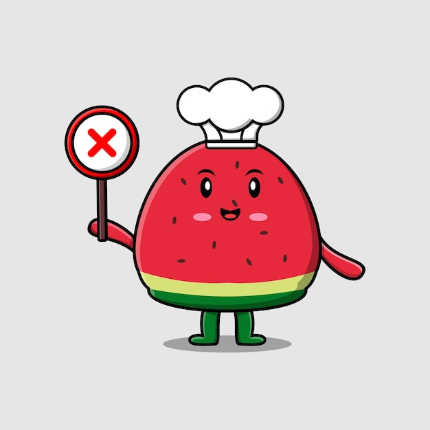 cute cartoon watermelon chef holding wrong sign board in vector character illustration