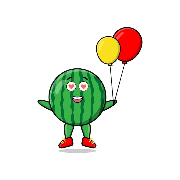 Cute cartoon watermelon floating with balloon cartoon vector illustration in concept 3d cartoon