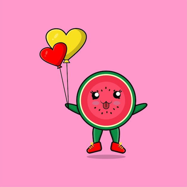 Cute cartoon watermelon floating with love balloon cartoon vector illustration