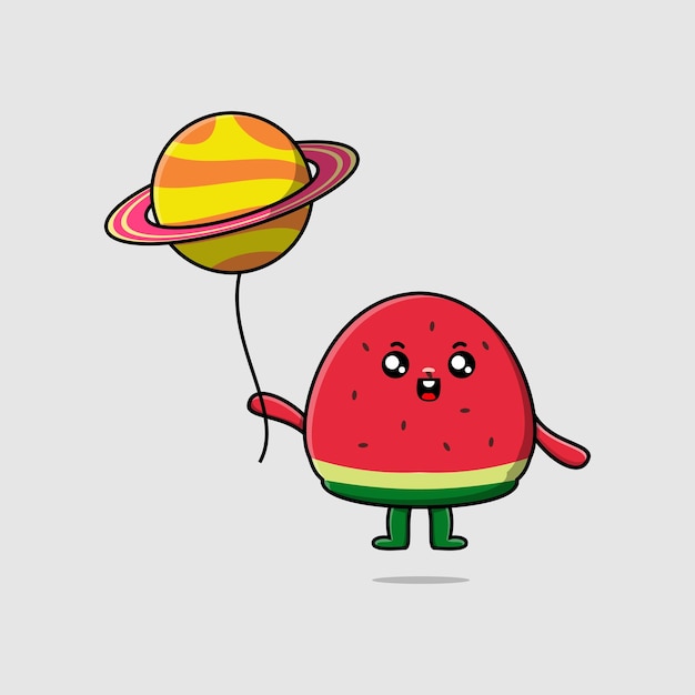 Cute cartoon watermelon floating with planet balloon cartoon vector illustration