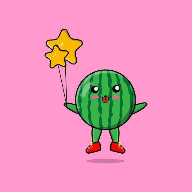 Cute cartoon watermelon floating with star balloon cartoon vector illustration