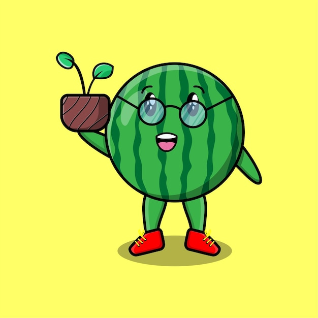 Cute cartoon watermelon holding plant in a pot 3d modern style design