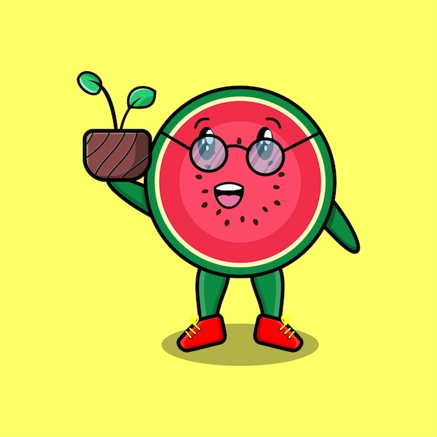 Cute cartoon watermelon holding plant in a pot 3d modern style design